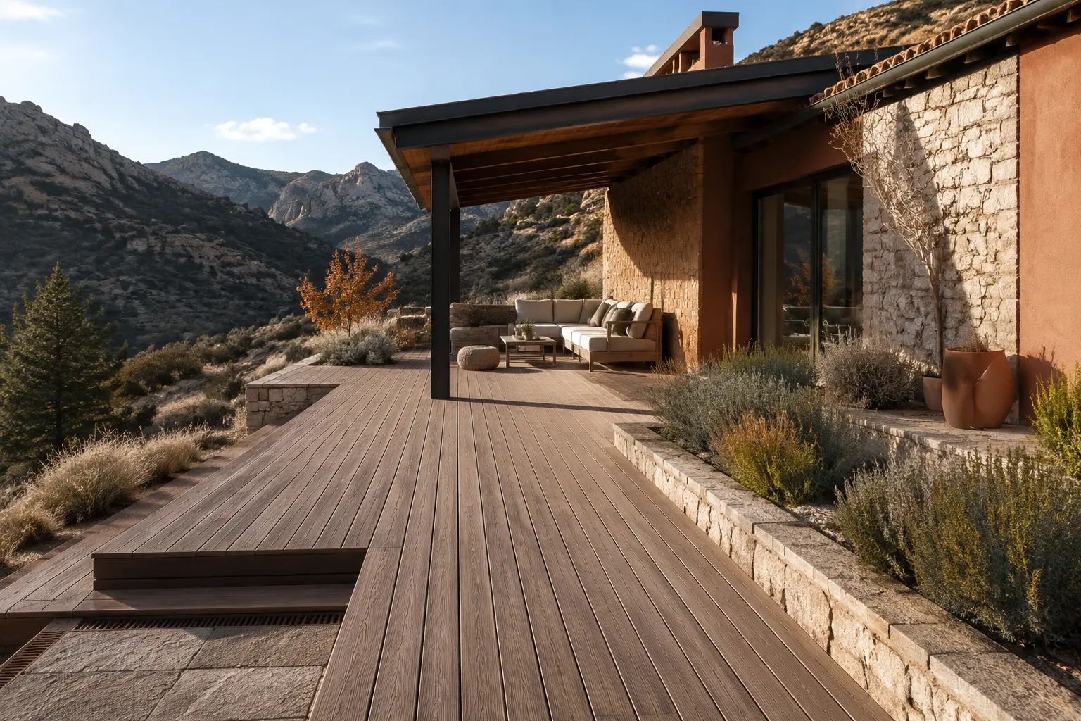 Terraza de madera integrada en el paisaje montañoso de Teruel