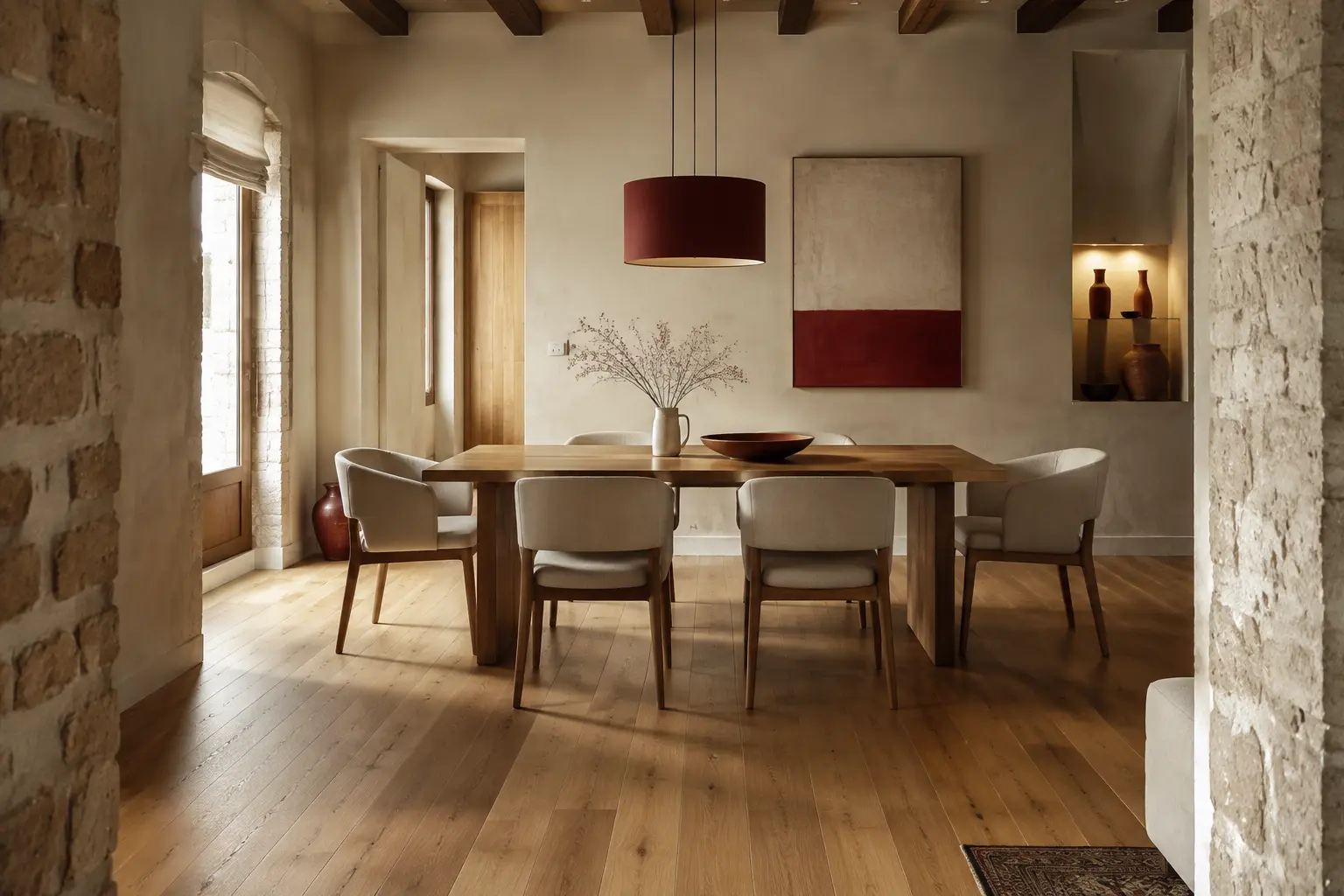 Reforma interior de piedra, madera y tonos granates